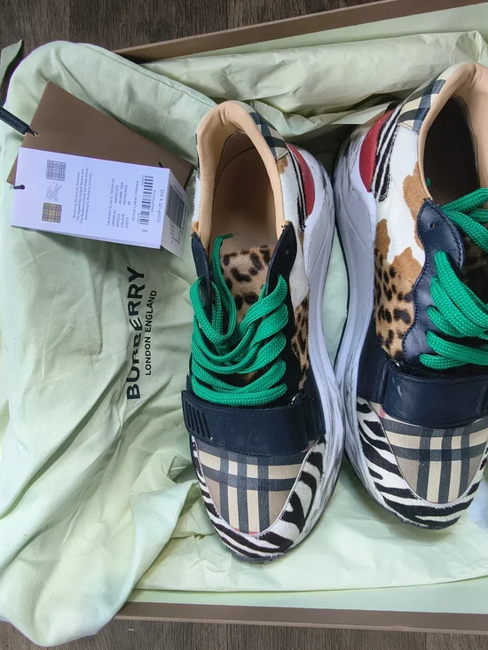 Burberry Multicolored Animal & Check Print Sneakers with Green Laces - Picture 1 of 9